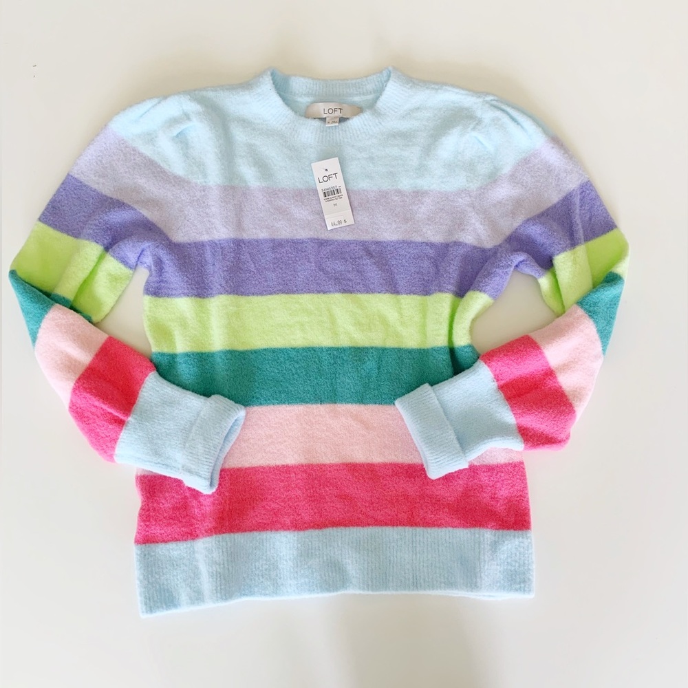 Loft Cozy Spring Stripe Sweater With Puffed Sleeves Size Womens Medium